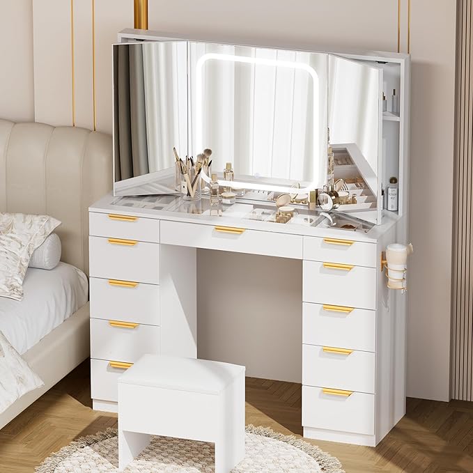 Pamapic 11 Drawers Vanity Desk with Foldable Mirror, Glass Top Makeup Vanity with LED Lights, 3 Lighting Modes, Golden Handles Dressing Table with Chair and Power Outlet
