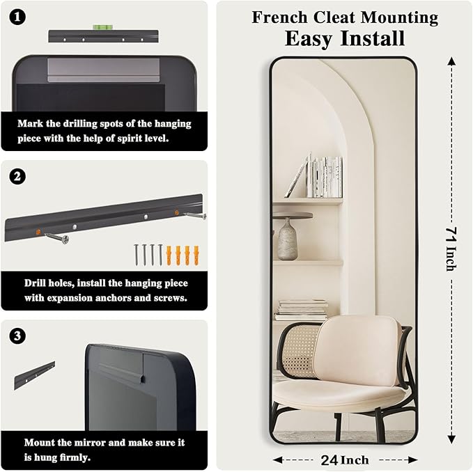 Rectangle Mirror Full Length 24" x 71" Large Floor Mirror Black Metal Deep Frame Wall Mounted Hanging Mirror for Home Decor Leaning Wall Full Body Dressing Mirror for Closet Bedroom