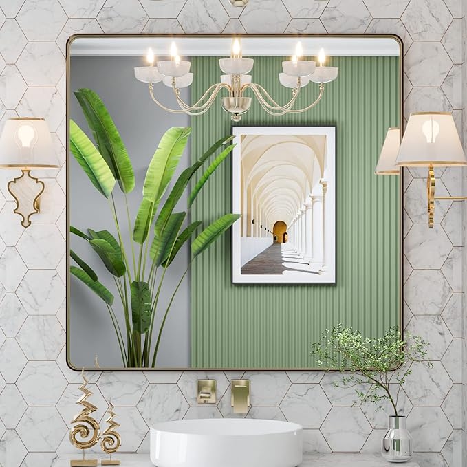 LOAAO 36”X36” Bronze Bathroom Mirrors for Vanity, Rounded Rectangle Brushed Bronze Metal Frame Mirror, Anti-Rust, Tempered Glass, Hangs Horizontally or Vertically