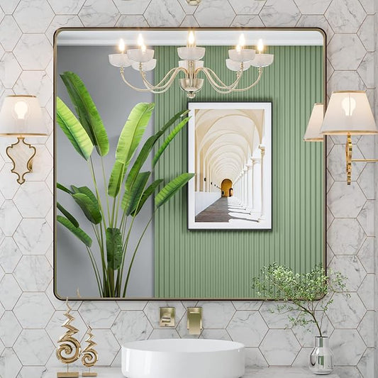 LOAAO 36”X36” Bronze Bathroom Mirrors for Vanity, Rounded Rectangle Brushed Bronze Metal Frame Mirror, Anti-Rust, Tempered Glass, Hangs Horizontally or Vertically