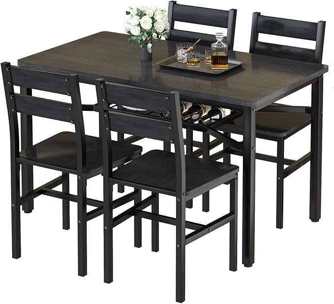 Hooseng Dining Table Set for 4, Wood Kitchen Table Chairs Set with Storage, Farmhouse 5 Piece Dining Room Table Set, Space-Saving Dinette Set for Breakfast Nook, Apartment (Black)