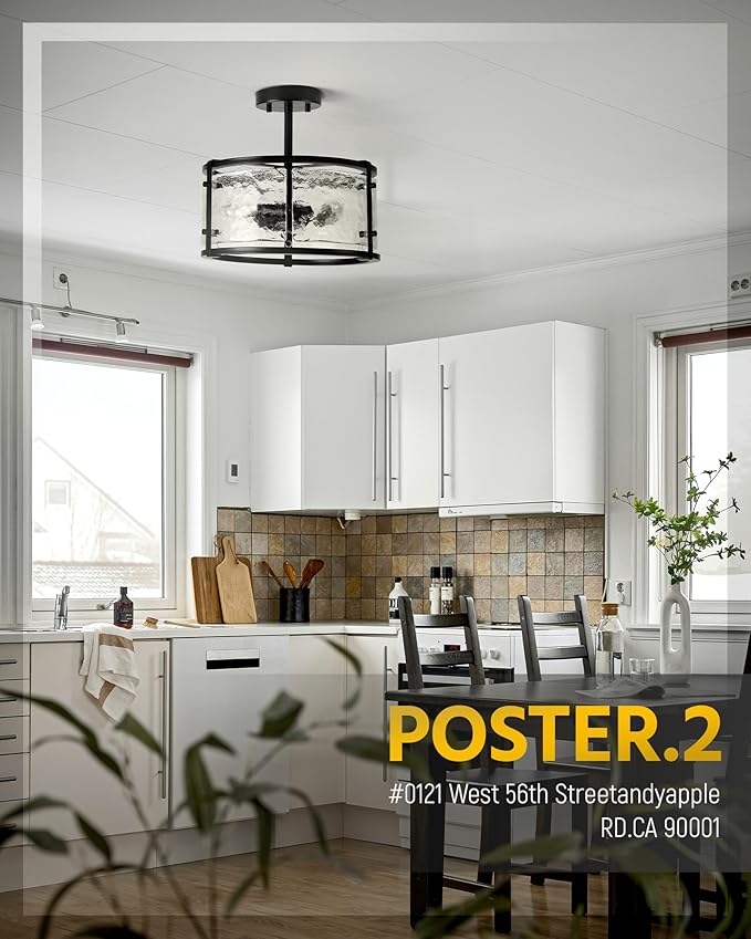 Semi Flush Mount Ceiling Light Fixturs - Black Ceiling Lights - 14inch Ceiling Light Fixtures with Glass - E12 3-Light Hallway Lighting Fixtures C2118-BK