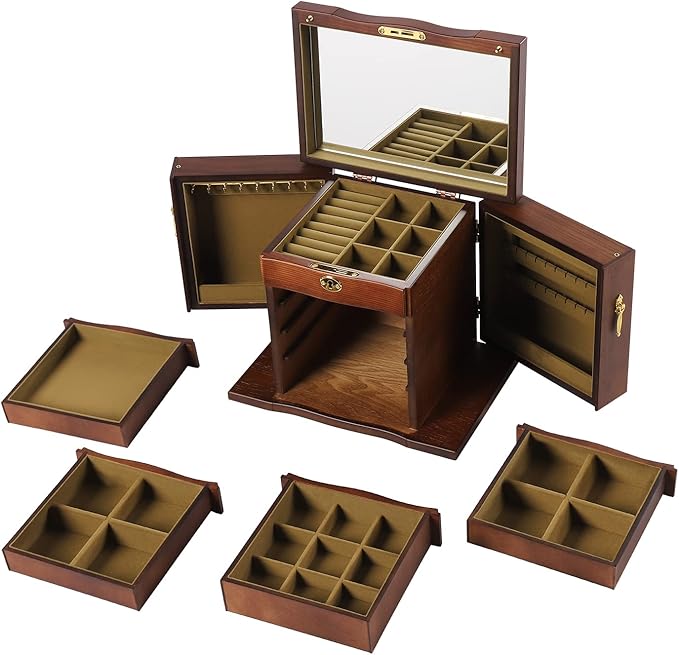 SHZICMY 5 Layers Solid Wooden Jewelry Boxes With Mirror,Vintage Jewelry Storage Organizer for Bracelet Necklace Ring Storage