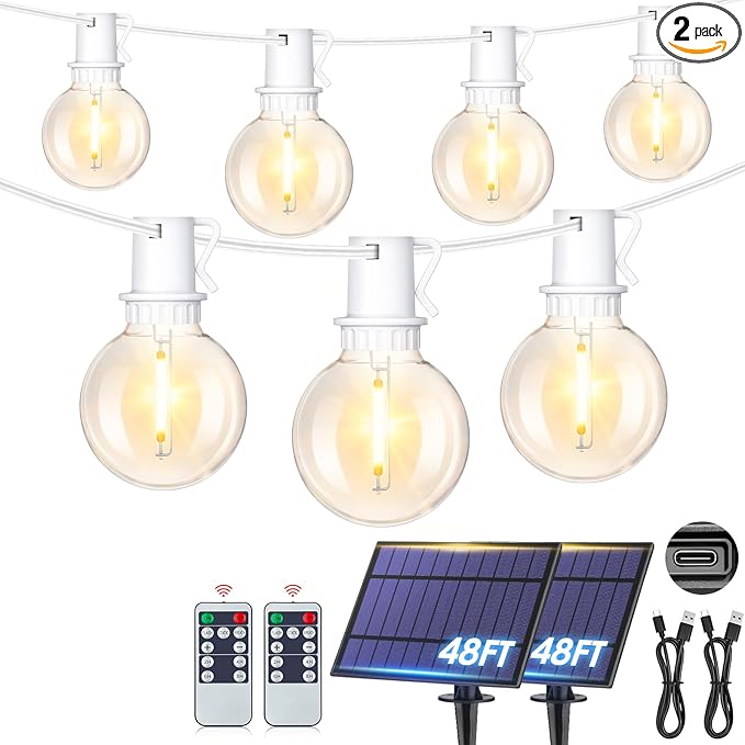 Mlambert 96Ft(2x48Ft) Solar String Lights, Outdoor Waterproof Patio Lights with 18 Shatterproof G40 Bulbs(2 Spare), Led Light for Backyard-White Wire