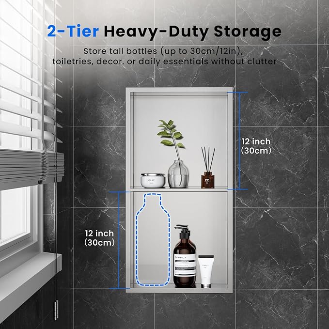 POPFLY 12"×24" Stainless Steel Shower Niche, Double Shelves Bathroom Niche No Tile Needed Recessed Niche Shower for Bathroom Storage, Horizontal or Vertical Insert, Nano Silver