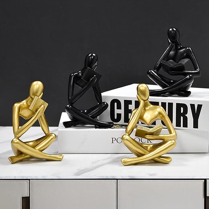 Gold Reading Women Statue, Thinker Sculptures, Abstract Art Ornament, Modern Aesthetic Figurine Decoration, Suitable for Home Living Room Bedroom Office Shelf Table Desk Bookshelf Decor (White Left)