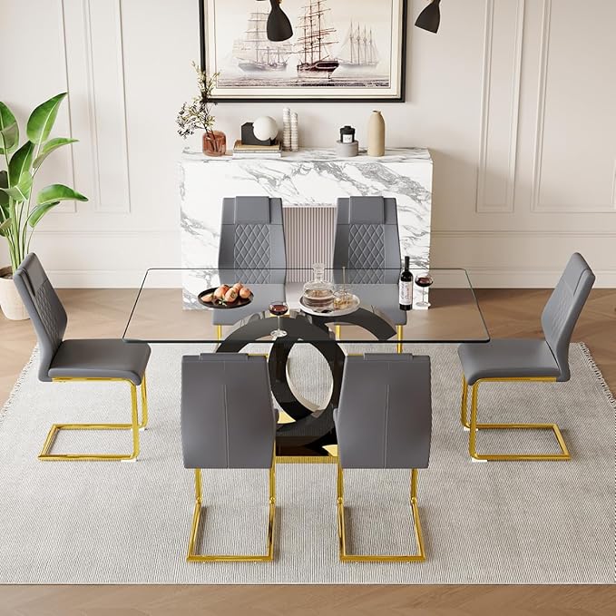 63'' Glass Dining Table Set for 6, Kitchen Table Chairs Set of 6, Clear Glass Dining Table with Black unique design Leg and Gold Metal Base, 6 PU Dining Chairs with Metal Legs, Living Room, Kitchen.