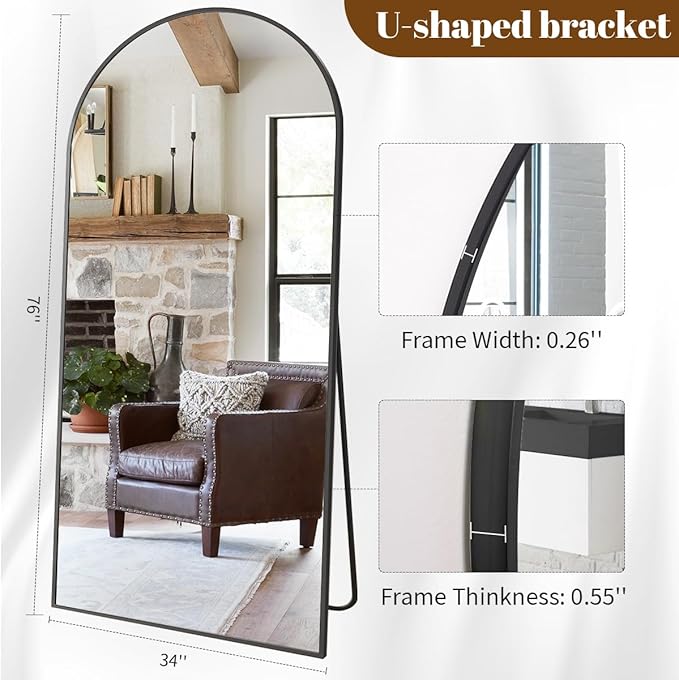 Koonmi 34"x76" Arched Full Length Mirror, Black Large Floor Mirror with Aluminum Alloy Frame Standing Hanging or Leaning Wall-Mounted Mirror, Vanity Mirror for Living Room and Bedroom