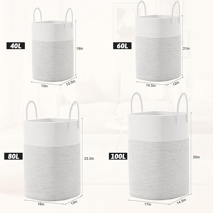 Laundry Basket,Woven Cotton Rope Laundry Hamper,Versatile Storage for Dirty Clothes,Baby Toys,and Blankets in Bathroom, Nursery,and Living Room (White, 80L)