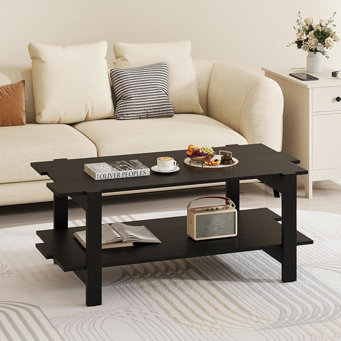 Giantex Coffee Table with Storage, 45 Inch Modern Center Table with Slatted Design & Side Rail Support, Rectangular Living Room Table for Small Spaces, Black