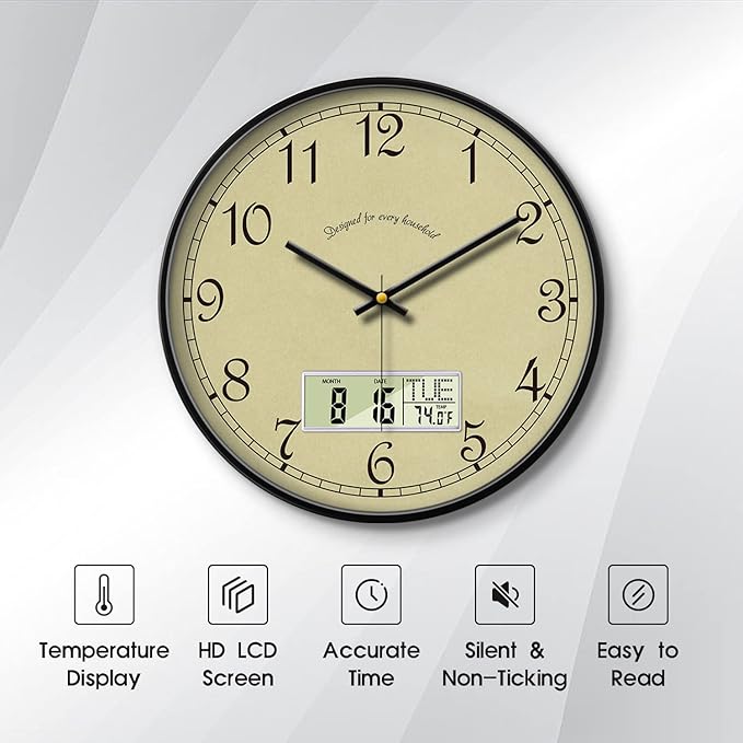 SCAOGE Retro Analog Wall Clock with Date Temperature Day Vintage Ivory Silent Battery Operated Digital Clocks with Week Large Display Clock Decorative for Living Room Kitchen Office Bathroom 14 Inch