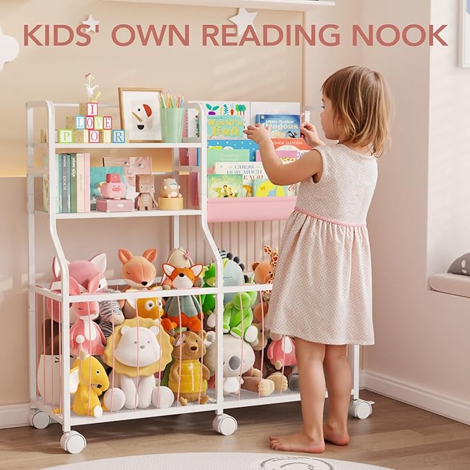 BBLIKE Stuffed Animal Storage Organizer - Rolling Kids Bookshelf and Toy Storage with 3 Tiered Book Display and Toy Chest - Rolling Furniture for Kids Room, Playroom, Bedroom, Nursery, Pink