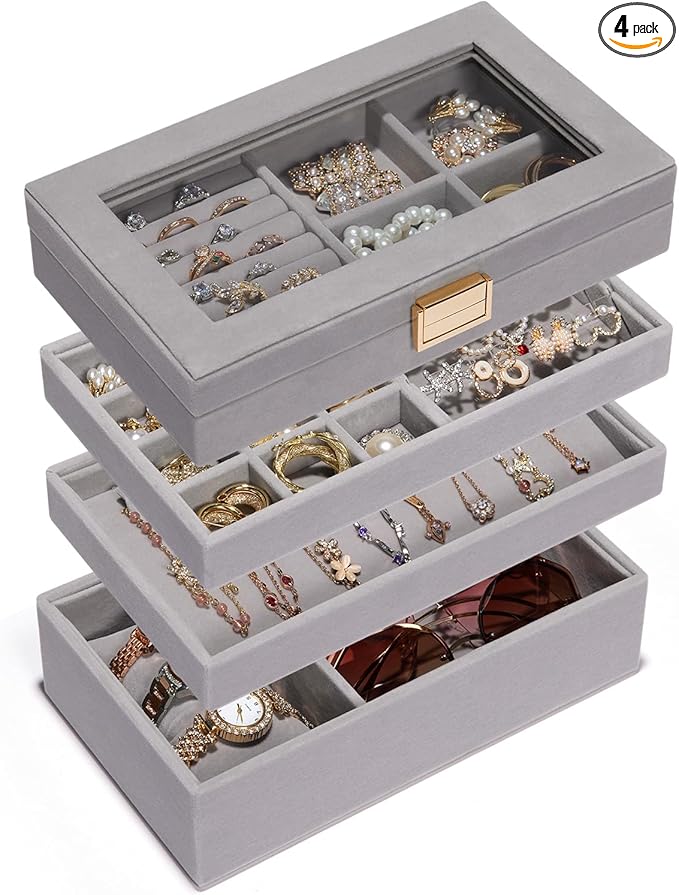 Homde Jewelry Tray Stackable Jewelry Box Drawer Organizer with Glass Lid, Removable Dividers for Vanity Table Gift Idea for Girls and Women (Gray)
