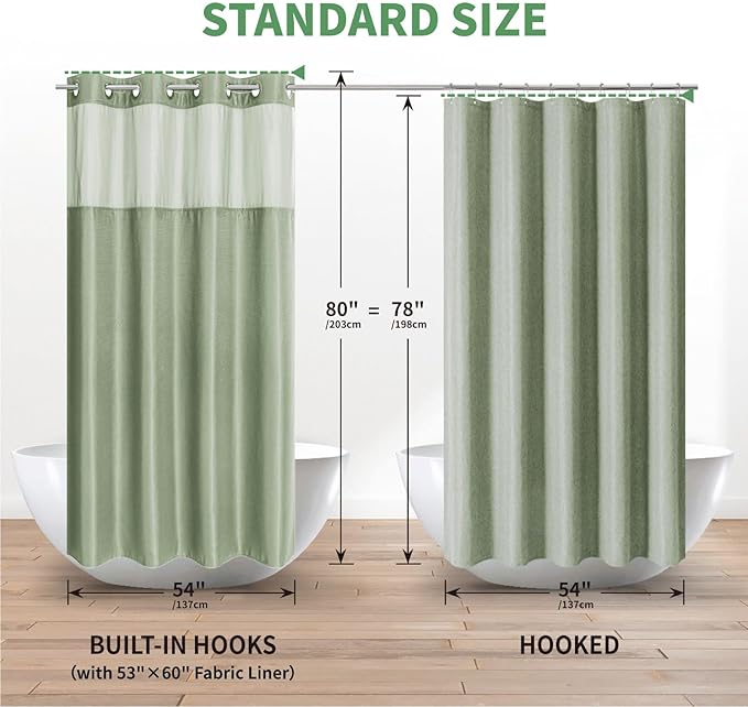 Stall No Hook Shower Curtain with Snap-in Fabric Liner Set,Waffle Weave Shower Curtains for Bathroom,Hotel Luxury Decor Bathroom Curtain Set,Waterproof & Washable,Sage Green,54Wx80H