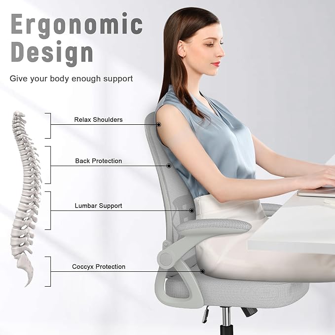 naspaluro Ergonomic Office Chair, Mid Back Desk Chairs with Adjustable Height, Swivel Chair with Flip-Up Arms and Lumbar Support, Breathable Mesh Computer Chair for Home/Study/Working, Grey