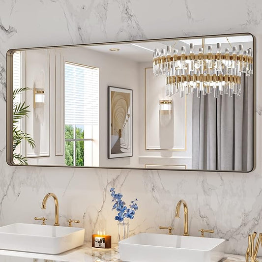 LOAAO 60”X28” Bronze Bathroom Mirrors for Vanity, Rounded Rectangle Brushed Bronze Metal Frame Mirror, Anti-Rust, Tempered Glass, Hangs Horizontally or Vertically