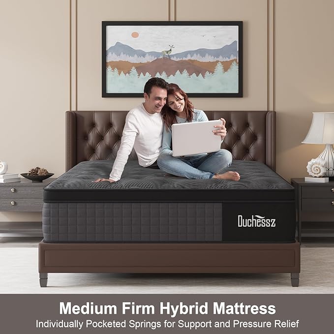 Full Mattress, 14 Inch Hybrid Mattresses Black with Gel Memory Foam and Individually Pocket Innerspring Euro Top Medium Firm for Motion Isolation, Edge Support, 100 Night Trial