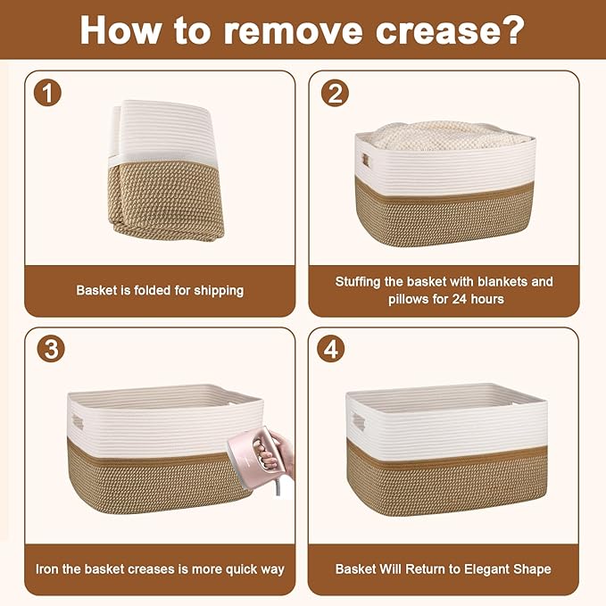 OIAHOMY Large Blanket Basket, 22”x17”x12” Rectangle Woven Baskets, Nursery Blanket Storage Living Room, Toy Storage with Handle, Large Baskets for Organizing-Yellow/White