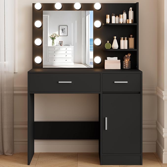 Lighted Makeup Vanity Desk, 35.4”W x 15.7“D x 54”H, Black (with Lights and Mirror, Dimming Function, 2 Drawers and 1 Cabiniet, Open Shelves)