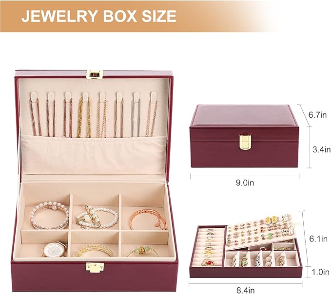 Jewelry Boxes for Women Girls PU Leather Jewelry Organizer Box 2 Layer Large Jewelry Storage Case Removable Tray for Necklace Earring Ring with Polishing Cloth and Jewelry Bags