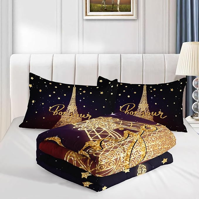Kids Comforter Set Eiffel Tower Printed Pattern Bedding Set with 1 Comforter and 2 Pillowcases for Girls Boys Bedroom All Season(Tower Queen)