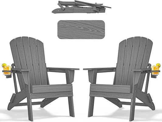 nevilywood Folding Adirondack Chair - Extended Ergonomic Backrest, Cup Holder - Easy Assembly - Durable HDPE Plastic, Weather Resistant & Maintenance-Free - Lawn, Patio, Deck Supports 380lbs Grey