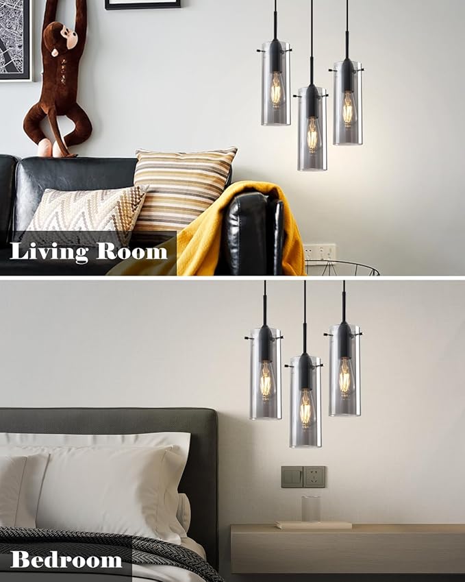 Smoke Gray Glass Pendant Light, Kitchen Pendant Lights 1 Pack, Kitchen Pendant Lighting Over Island, Modern Clear Hanging Pendant Light for Kitchen Island, Bedroom, Living Room, Bathroom