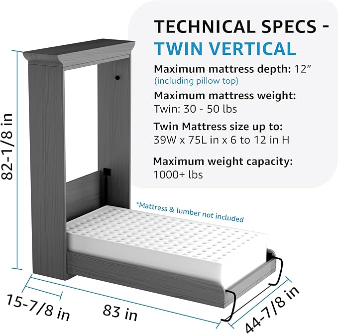 Create-A-Bed Twin Size Deluxe Murphy Bed Kit, Vertical