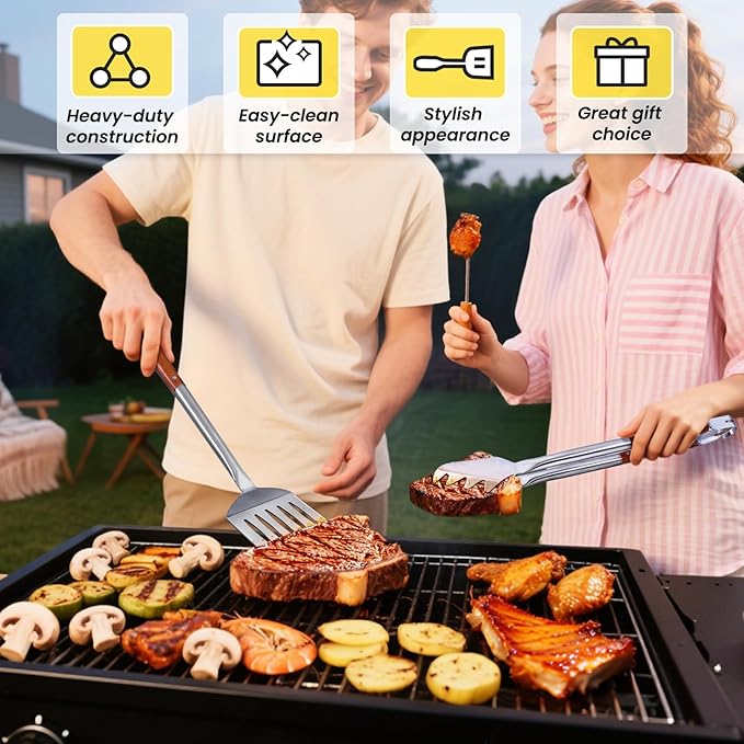 Grilling Accessories - 4Pcs Rose Wooden BBQ Grilling Tools Set, Heavy Duty Stainless Steel Barbecue Grill Tools Kit with Spatula, Clips, Brushes, Forks for Outdoor Grill, BBQ Gift for Men and Women