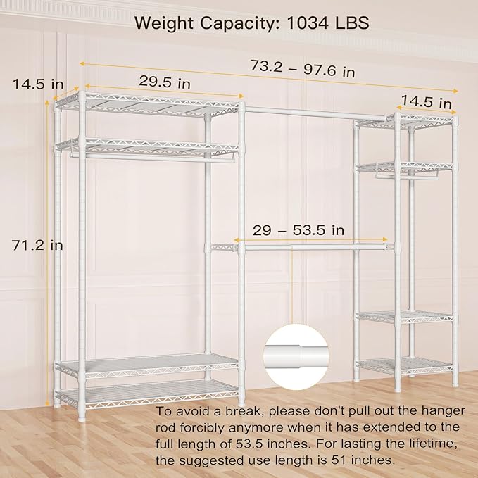 Ulif E11 Heavy-Duty Garment Rack, Metal Freestanding Clothes Rack and Closet Storage Organizer with 8 Shelves and 4 Hanger Rods, (73.2 - 97.6)"W x 14.5"D x 71.2"H, Load 1034 LBS, White