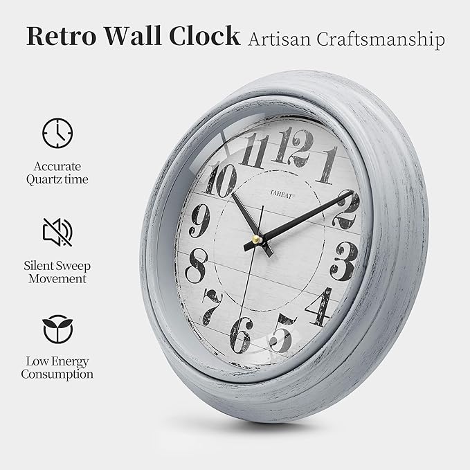 TAHEAT Wall Clock, 10 Inch Vintage Retro Blue Silent Non Ticking Battery Operated Wall Clocks Decorative for Living Room Bedroom Kitchen Bathroom Office