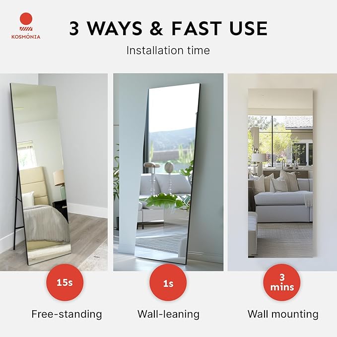 68x20 Frameless Full Length Silver Coating Mirror w/Distortion Free, HD Reflection &Anti Desilvering, Tempered Glass & Shatter Proof Film Doubling Safety, Easy Setup w/Stand, Wall/Standing