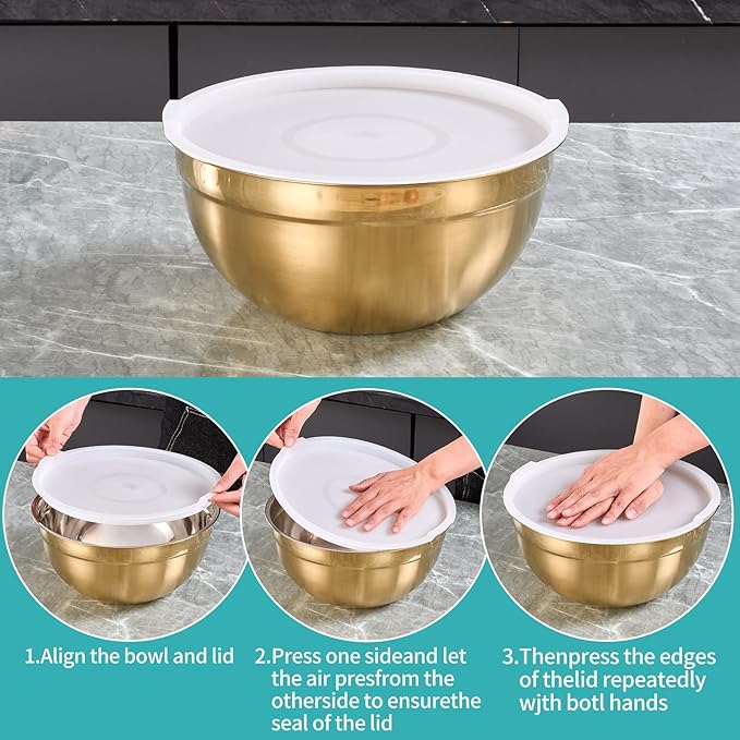 MEADLY Gold Mixing Salad Bowls With Lids Set of 4, Stainless Steel Nesting Bowl with white Lid,Dishwasher Safe,Home kitchen Mixing Prepping Storing Serving,size of 5.5,3.6,2.1,1.5,Qt