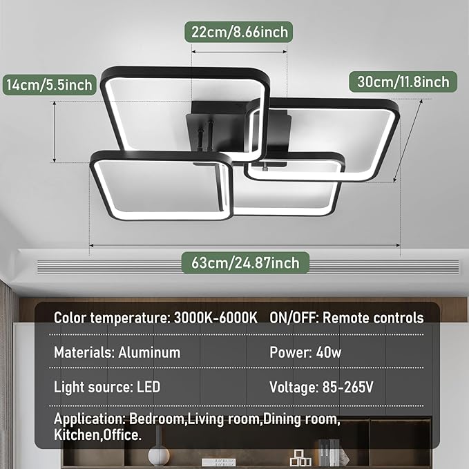 Modern Led Ceiling Light Fixtures for Living Room, Dimmable Square Ceiling Lighting Fixture with Remote Control, 3 Colors Flush Mount Ceiling Light for Dining Room, Kitchen, Living Room