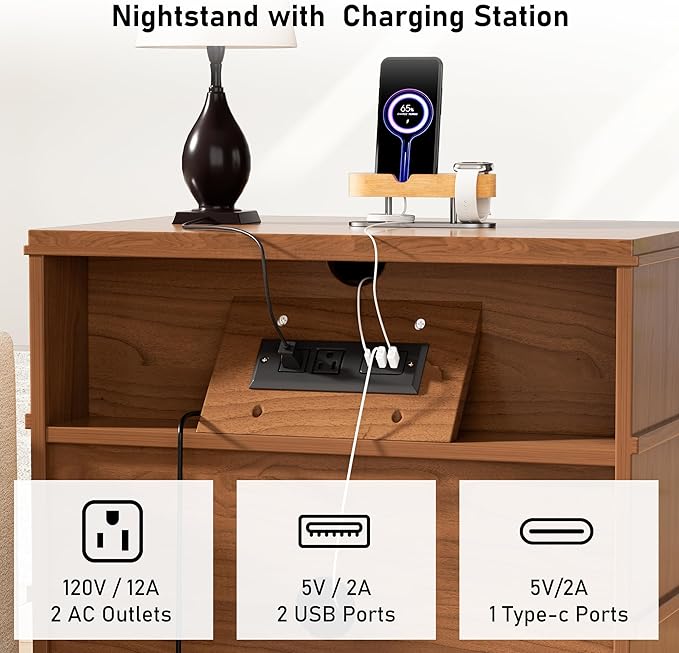 3 Drawer Nightstand with Charging Station,24" Farmhouse Night Stand & Modern Bedside Table, Wood End Table Storage Cabinet for Bedroom,Hallway,Entryway,Brown Set of 2