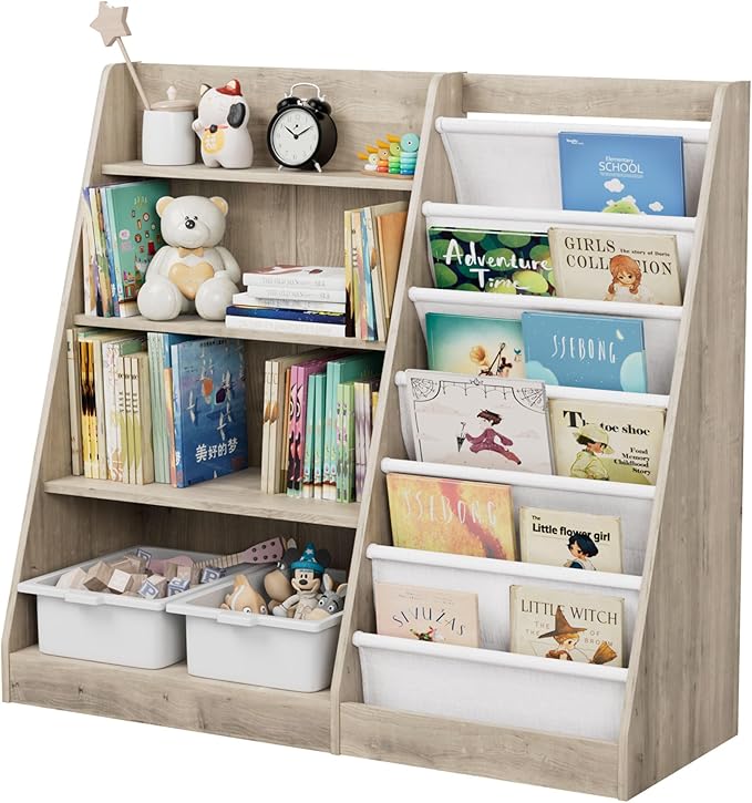 Kids Bookshelf Wood Toy Storage Organizer Cabinet Children Bookcase Toddler Baby Sling Book Rack Adjustable Shelf for Playroom Bedroom Nursery Hallway School Kindergarten