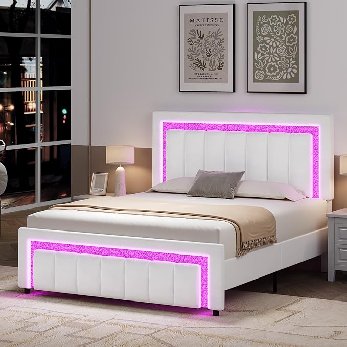 HOMBCK Full Size Bed Frame with LED Lights and Velvet Upholstered Headboard, Bed Frame Full with Modern Diamond Headboard Adjustable, Wooden Slats Support, Noise Free, No Box Spring Needed, White