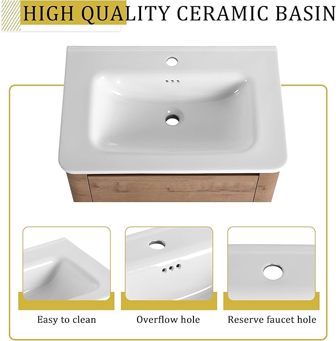 Goujxcy 68 Inch Bathroom Vanity with Sink Combo Modern Floating Vanity Cabinet with Ceramic Vessel Sink and Storage Shelves, Soft Closing Door Design (Imitative Oak)