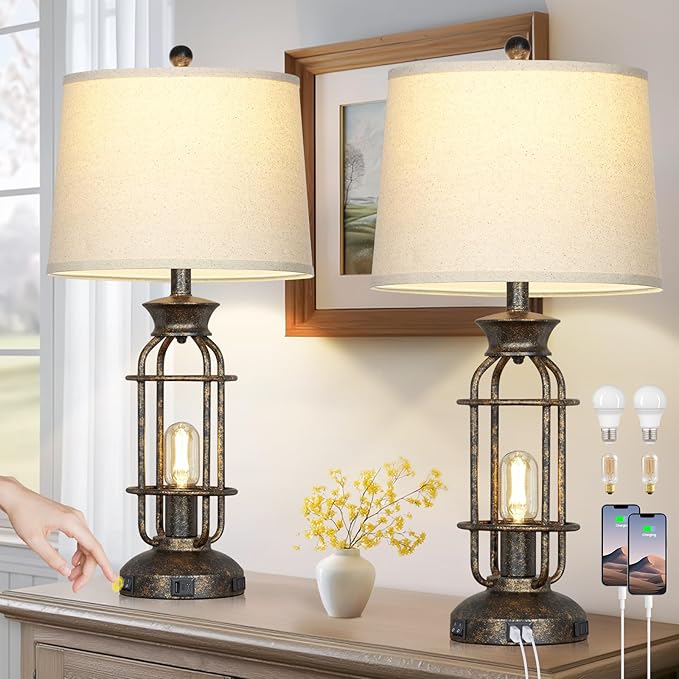 28" Vintage Table Lamps for Living Room, Industrial Farmhouse Table Lamp with USB C+A Ports & Outlet, Rustic Nightstand Bedside Lamps with 2 Night Light for Bedroom End Tables Bronze, 4 Bulbs Included