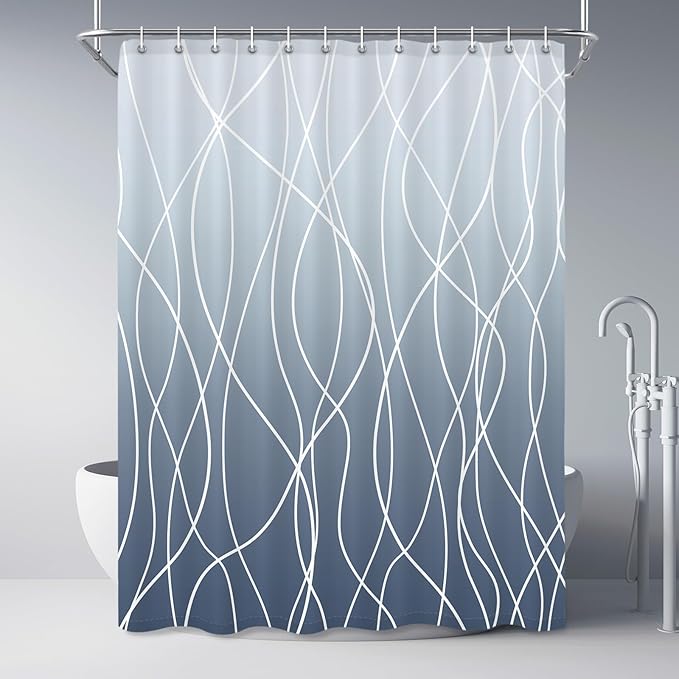 Punkray Ombre Blue Shower Curtain for Bathroom with Hooks, White Shower Curtain Set, Stripe Bath Curtains Decorative Shower Curtains Water Repellent Washable, 72 x 84