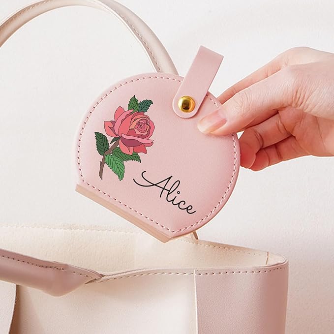 Personalized Travel Jewelry Case, Custom Leather Customized Jewelry Organizer Box w/Name & Birth Flower Month - Birthday Gifts for Women Mom Jewelry Travel Case