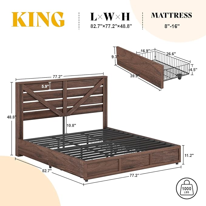 AMERLIFE King Size Farmhouse Bed Frame with 4 Drawers, Wooden Storage Bed Frame with Headboard and Heavy Duty Metal Slats, Noisy Free, Easy Assemble, Rusric Brown