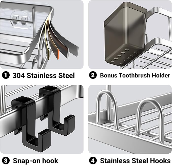 Corner Shower Caddy Shelf Rack: 2 Pack Adhesive Shower Organizer Essentials - No Drilling Stainless Steel Shower Storage Rack with Hooks and Toothpaste Holder - Bathroom Accessories