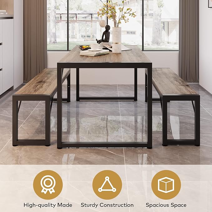 Gizoon 45.5" Dining Table Set for 4 with 2 Benches, Kitchen Table Set with Metal Frame & MDF Board, Space-Saving Dinette for Kitchen, Dining Room -Grey