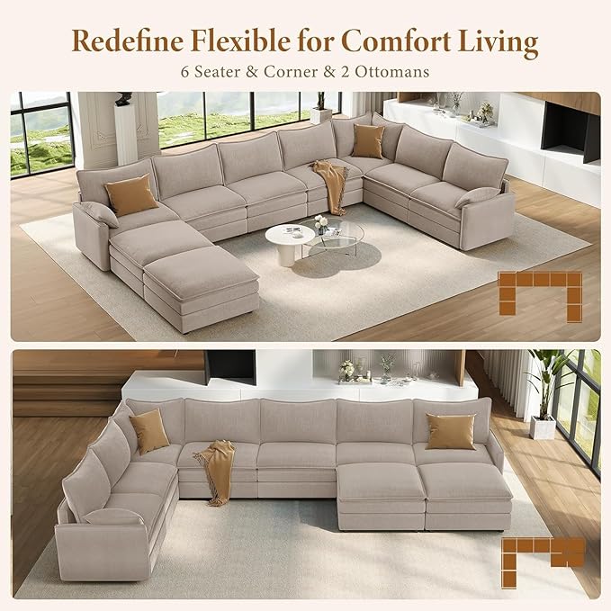 Vesgantti Large Modular Sectional Sofa, Big Comfy Cloud Couch with Ottoman, Chenille Deep Seat Cloud Sofa, 9 Seater Large Sectional Couches for Living Room, Bedroom, Apartment, Light Brown