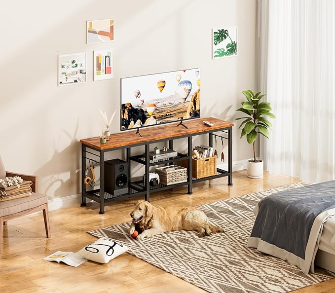 Furologee TV Stand for TVs up to 55 Inch, Entertainment Center with Open Storage Shelves, Media Console Table with Soundbar Shelf for Living Room, Bedroom, Rustic Brown