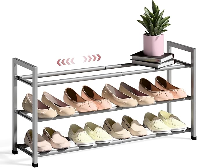 Bumusty 3-Tier Expandable Shoe Rack for Closet, 18“-33” Adjustable Shoe Rack for Small Space, Small Shoe Organizer for Front Door, Sturdy Metal, Light Grey