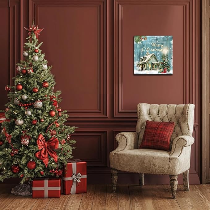 Christmas Tree Wall Art Decor Romantic Winter Snow Home Canvas Prints Poster Xmas Tree Painting Merry Christmas Sign for Home Garden Living Room Bedroom Bathroom Holiday Decoration Gifts 12x12inch