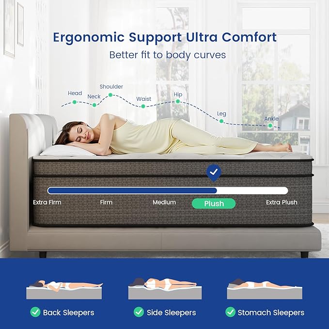 Queen Mattress, 10 Inch Plush Hybrid Queen Size Mattresses in a Box, with Gel Memory Foam and Pocket Springs for Pressure Relief, Cooling, CertiPUR-US Certified