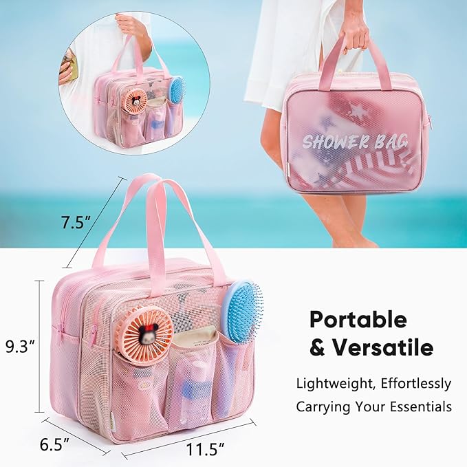 Large Mesh Shower Caddy with Wet & Dry Zones – Portable Hanging Toiletry Bag for College Dorm Room Essentials, Travel, Gym, Camping, Beach Tote Bag – Quick-Dry Shower Tote Organizer